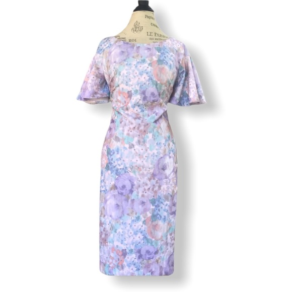 NWT - CALVIN KLEIN Pastel Colour Floral Dress with Scoop Neck and Flutter Sleeve - Picture 2 of 7